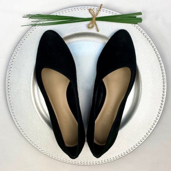 1. State Bennie Black Kid Suede Asymmetrical Flat - Picture 1 of 9